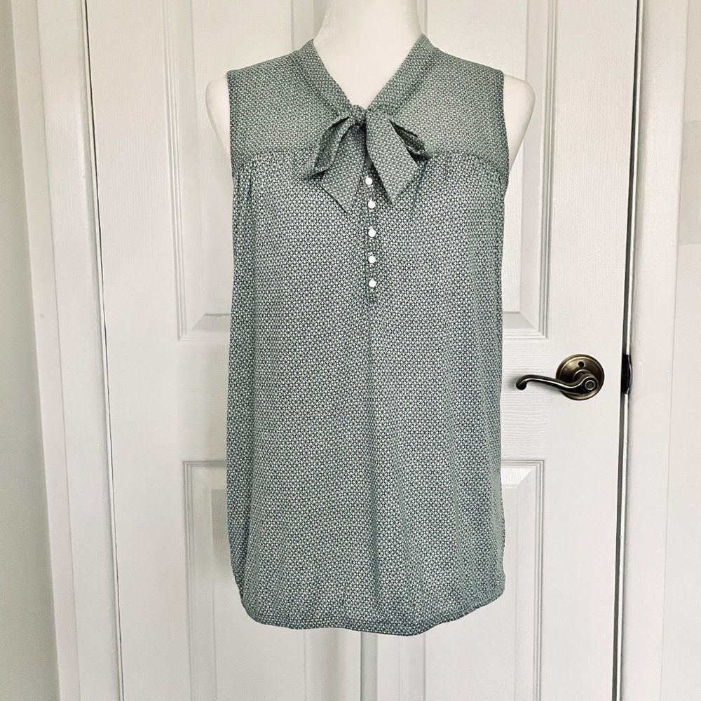 LOFT Green White Sleeveless Bow Neck Blouse Small